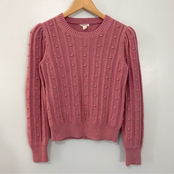 J. Crew Dusty Pink Red Bauble Cable Knit Popover Crewneck Sweater 100% Cotton XL - Picture 2 of 5